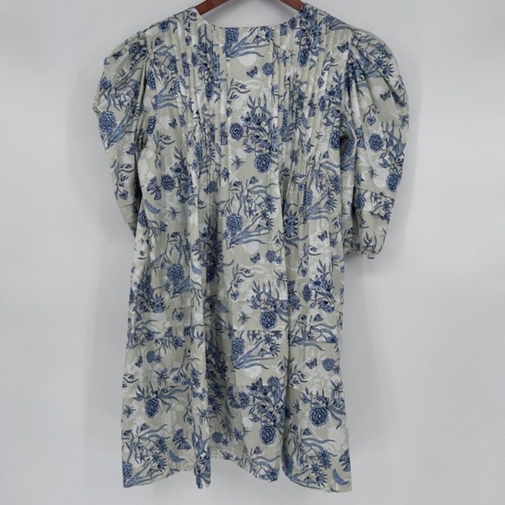 Hunter Bell Jenkins Gardenia Mini Dress Floral Blue and Beige Puff Sleeves Large - Picture 4 of 7